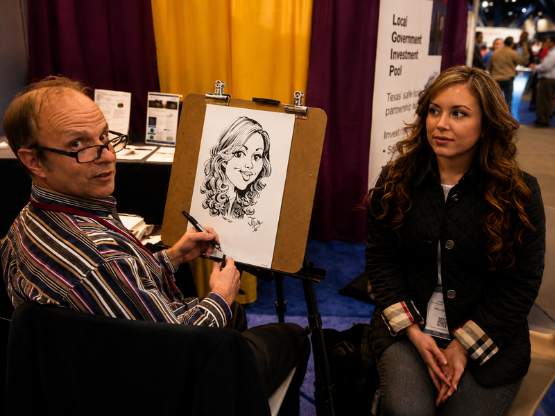 Caricature artist drawing an attendee at a Local Government Investment Pool trade show booth