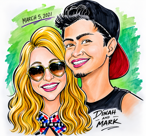 Color caricature of Dinah and Mark on a green background dated March 5, 2021