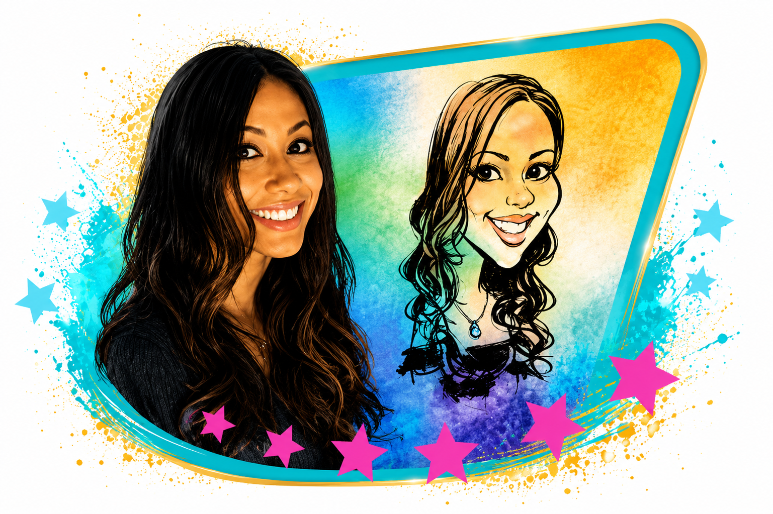 Vibrant caricature artwork of a joyful guest