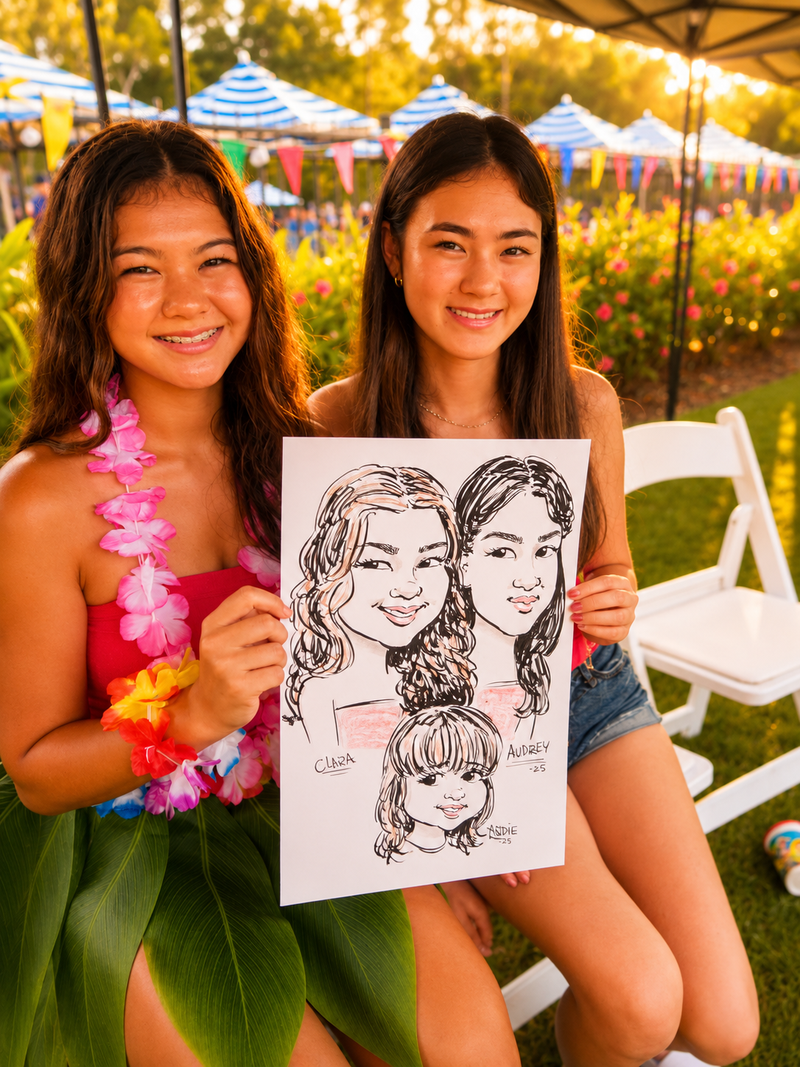 Three girls showing a group caricature at a bright outdoor summer social