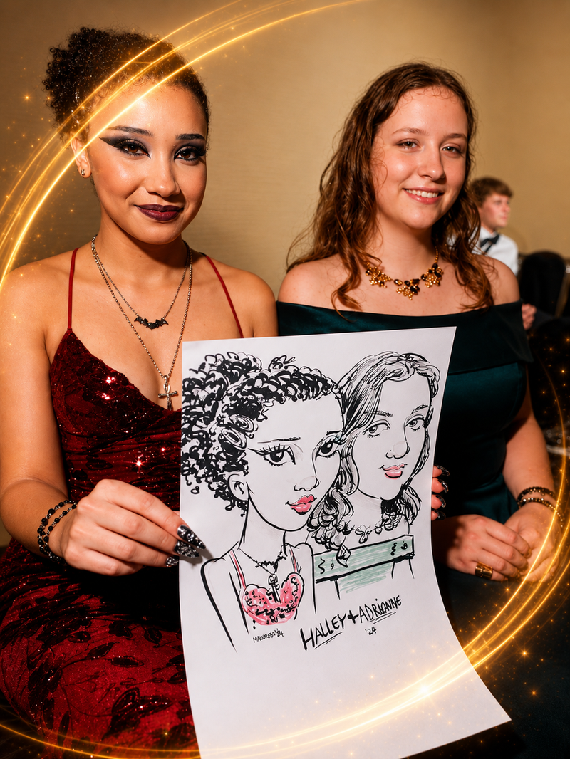 Two friends in formal dresses holding a color duo caricature at prom