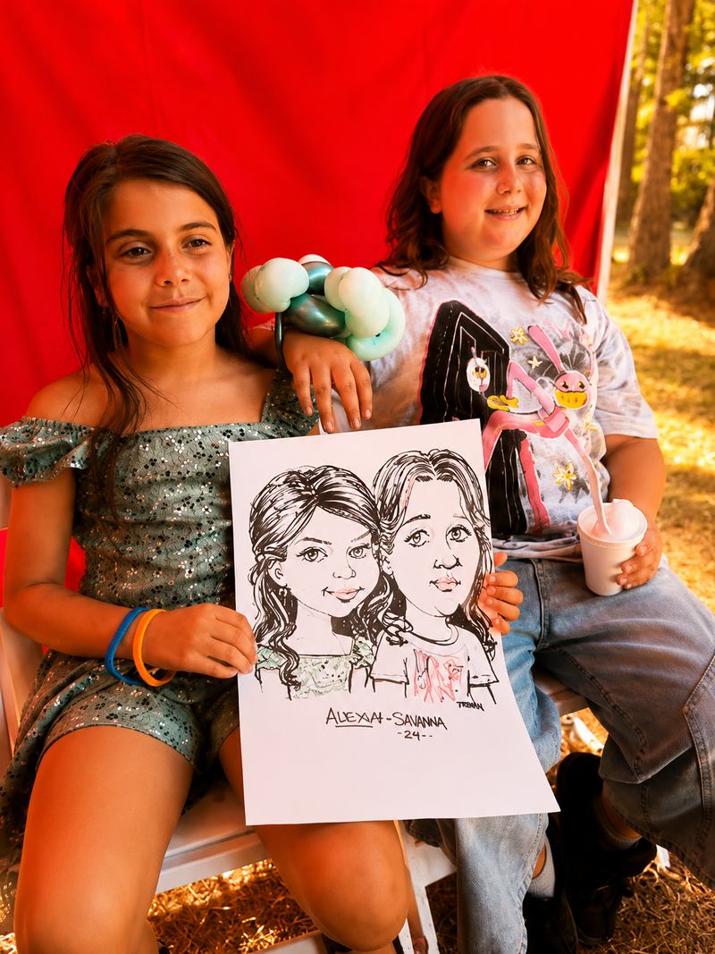 Two young friends holding a duo caricature at an outdoor fall community festival