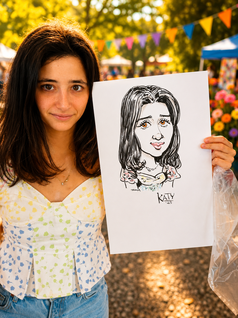 Young woman holding her colorful caricature at a community festival with bunting and flowers