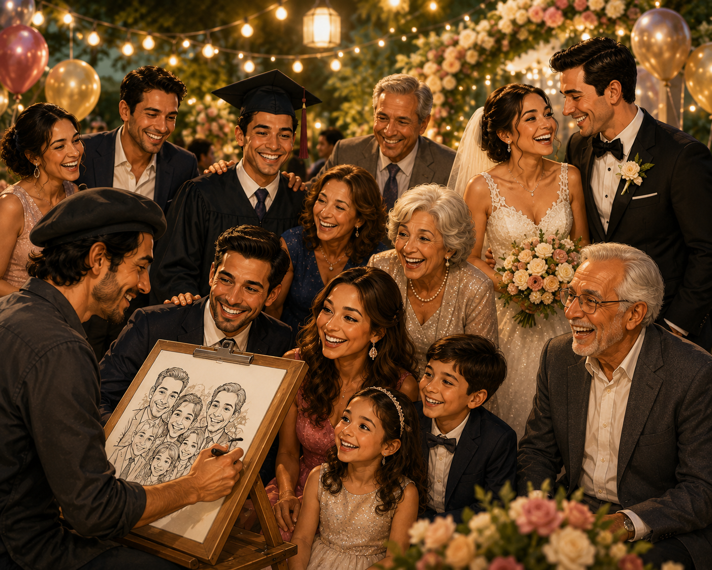 Family caricature being drawn at a Houston celebration
