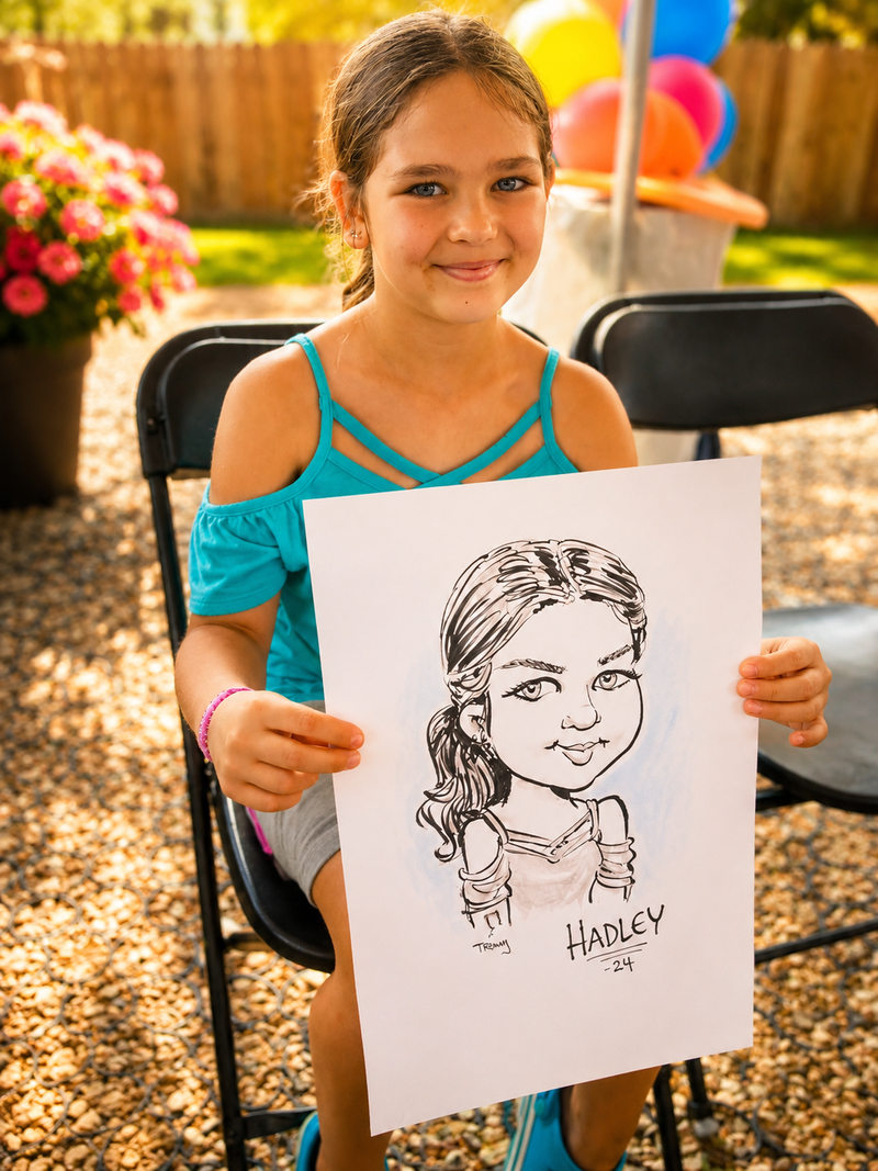 Young girl holding her caricature at a sunny backyard neighborhood event