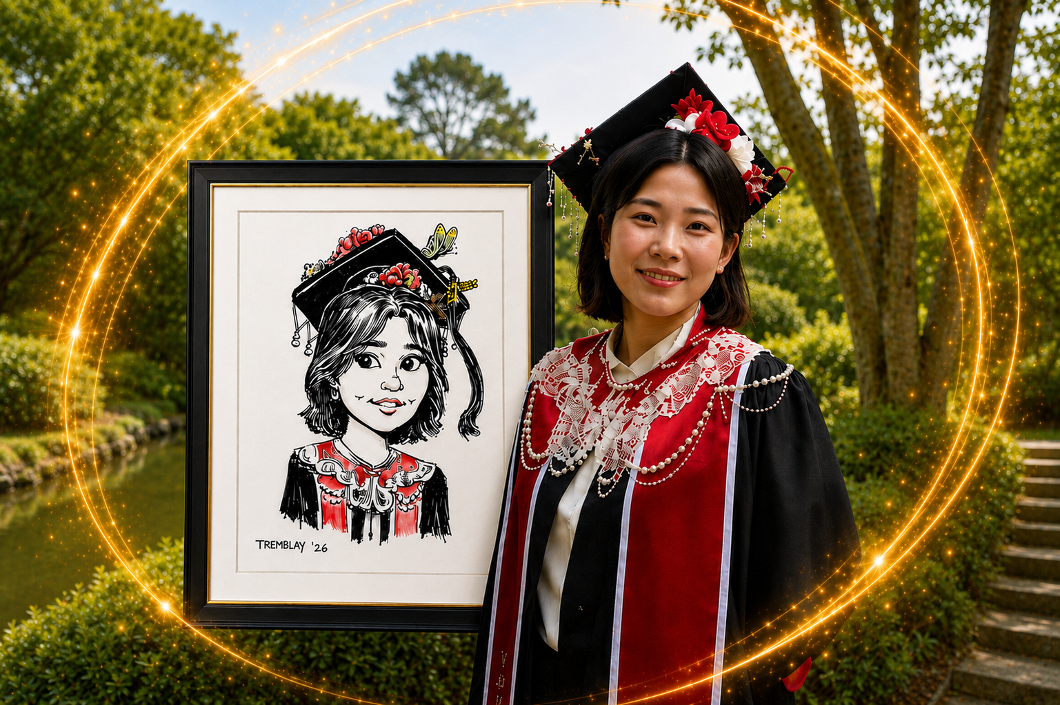 Texas A&M Victoria graduate in regalia with a color caricature inset