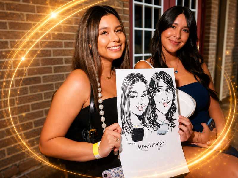 Two friends holding a duo caricature at a project graduation event