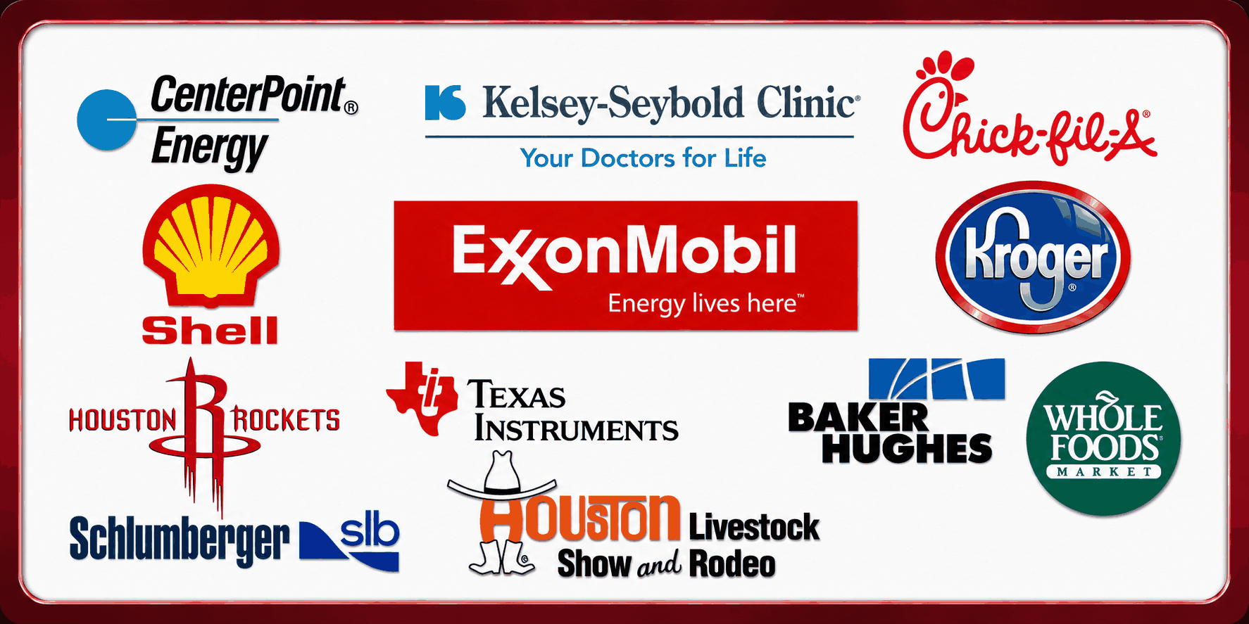 Logos of companies that have booked Caricatures Plus — CenterPoint Energy, Kelsey-Seybold Clinic, Chick-fil-A, Shell, ExxonMobil, Kroger, Houston Rockets, Texas Instruments, Baker Hughes, Whole Foods Market, Houston Livestock Show and Rodeo