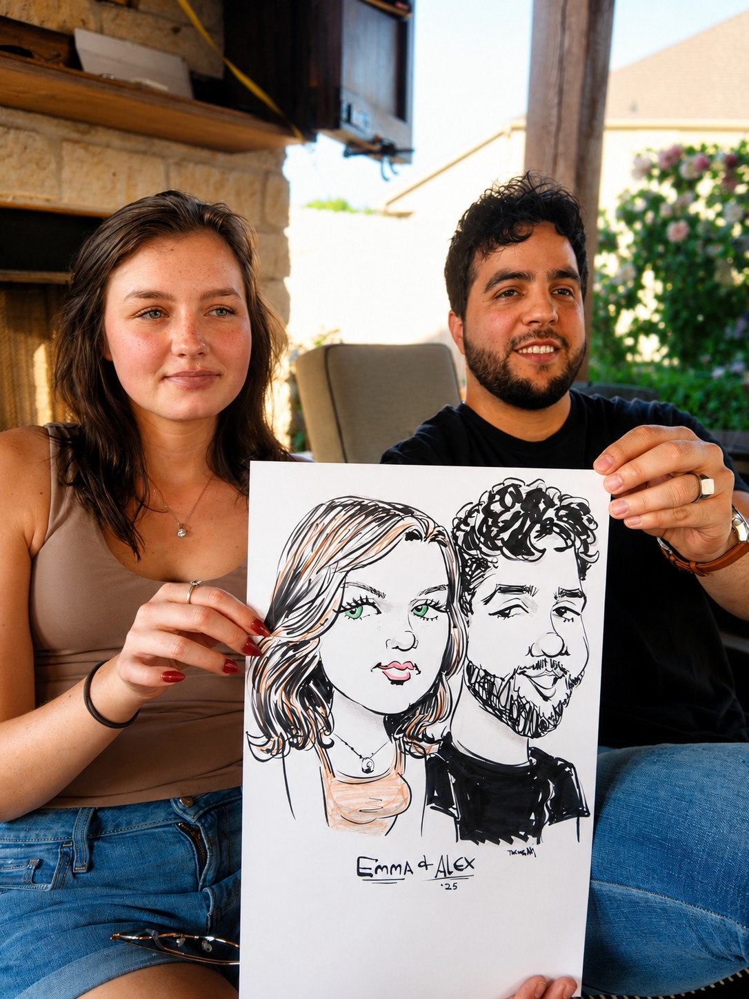 Couple holding a duo caricature at a backyard birthday celebration